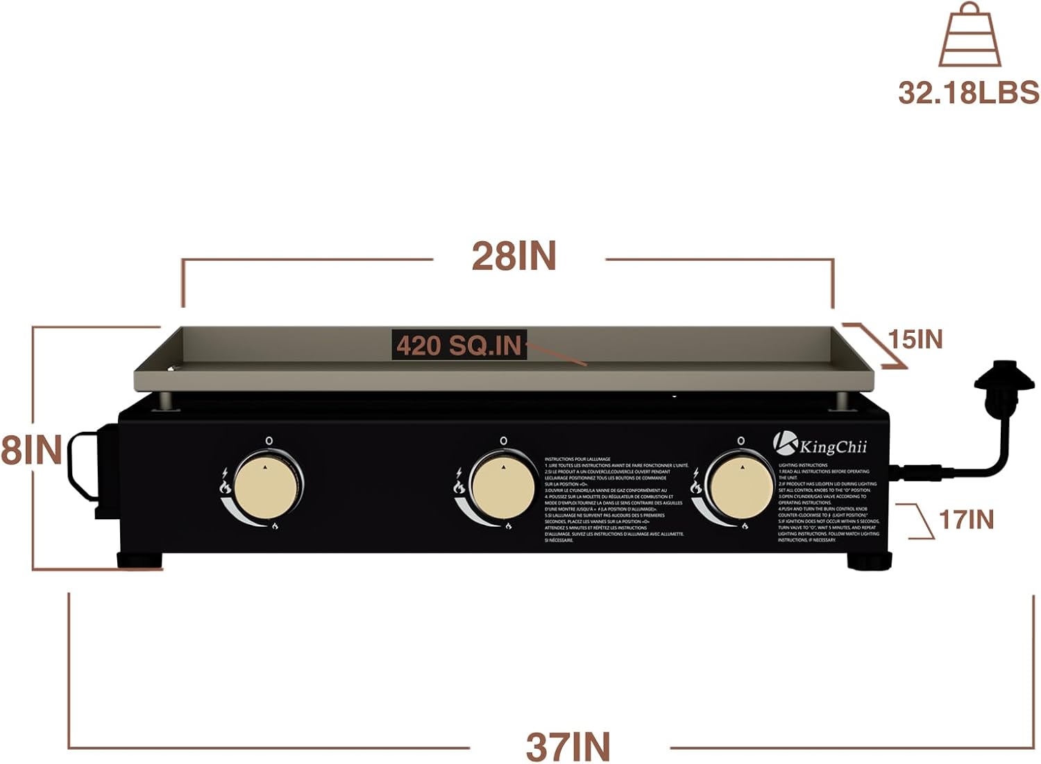 KingChii 28' Tabletop 3-Burner Griddle Portable Gas Grill with Rear Grease Trap, Powder Coated Steel, Black