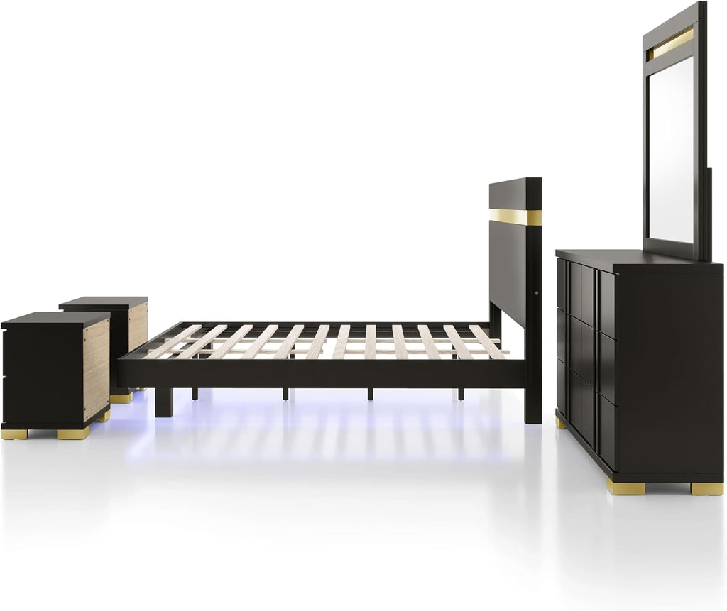 Furniture of America Ansten Modern Wood 5-Piece Platform Bedroom Set with Gold Trim, Underbed LED, Dust Proof Cases, Bracketed Metal Legs, No Box Spring Needed, Full, Black