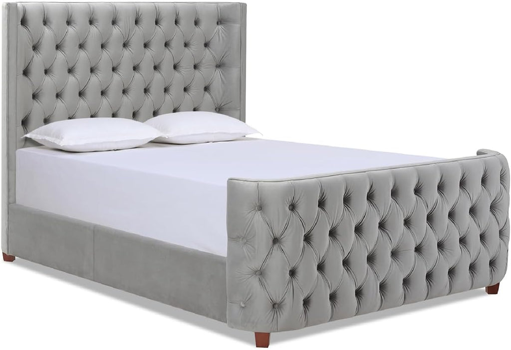 Jennifer Taylor Home Harmonie Queen Tufted Panel Bed Headboard and Footboard Set, Opal Grey Velvet