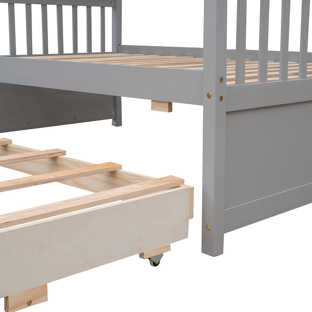 Harper & Bright Designs Twin Over Full Bunk Bed with Twin Size Trundle and 3 Storage Drawers, Solid Wood Bunk Bed Frame with Ladder, Grey