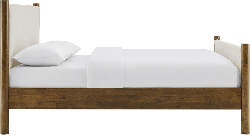 Modway Maven King Size Bed Frame in Ivory Walnut with Upholstered Fabric Headboard and Footboard – Wood King Platform Bed Frame – No Box Spring Needed