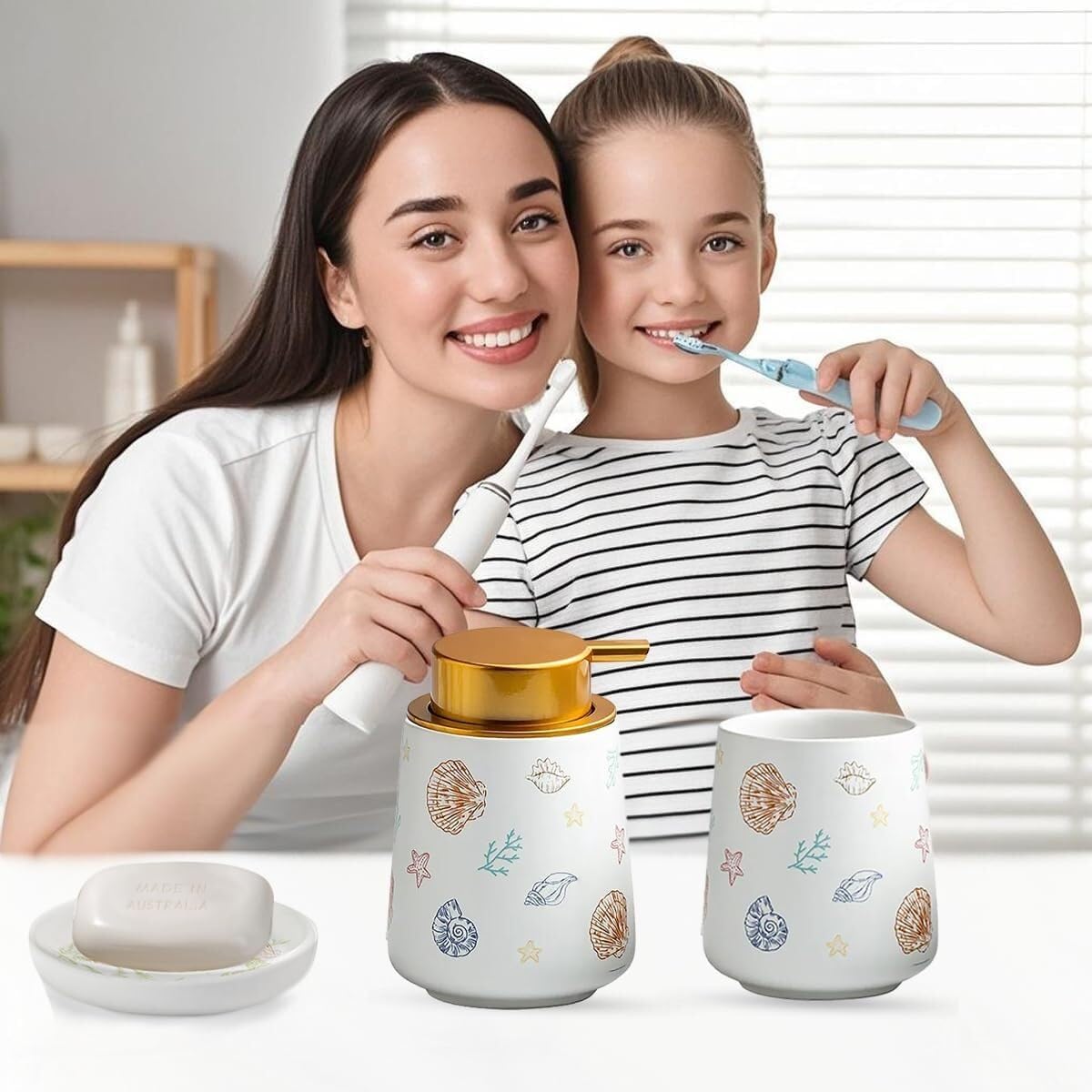 Bathroom Accessories Set Ceramic Bathroom Accessory Set Plant Patterns Accessories with Soap Dispenser Dish Tumbler for Home Decor Victorian(3 Piece Set-Ocean)