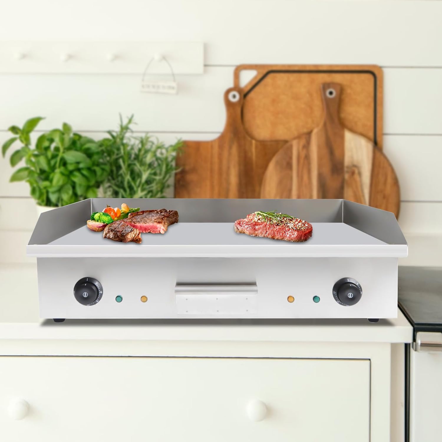 Commercial Electric Griddle, 3kw Electric Countertop Flat Top Grill, Stainless Steel 50-300℃ Adjustable Temperature Control Flat Top Grill with 72.7x40cm Cooking Area, Thermostatic Double Control