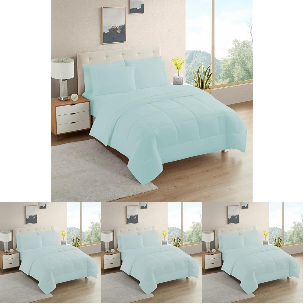 Sweet Home Collection 7 Piece Comforter Set Bag Solid Color All Season Soft Down Alternative Blanket & Luxurious Microfiber Bed Sheets, Aqua, Twin (Pack of 4)