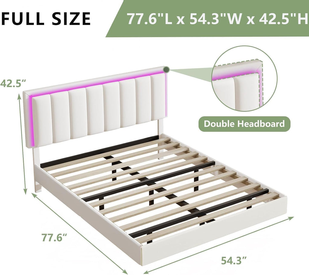 IMMERSTABLE Full Size Floating Bed Frame with LED Lights, Upholstered Platform Bed with Headboard, 11 in Storage Clearance, Solid Wood Slats, No Box Spring Needed, Easy Assembly, White