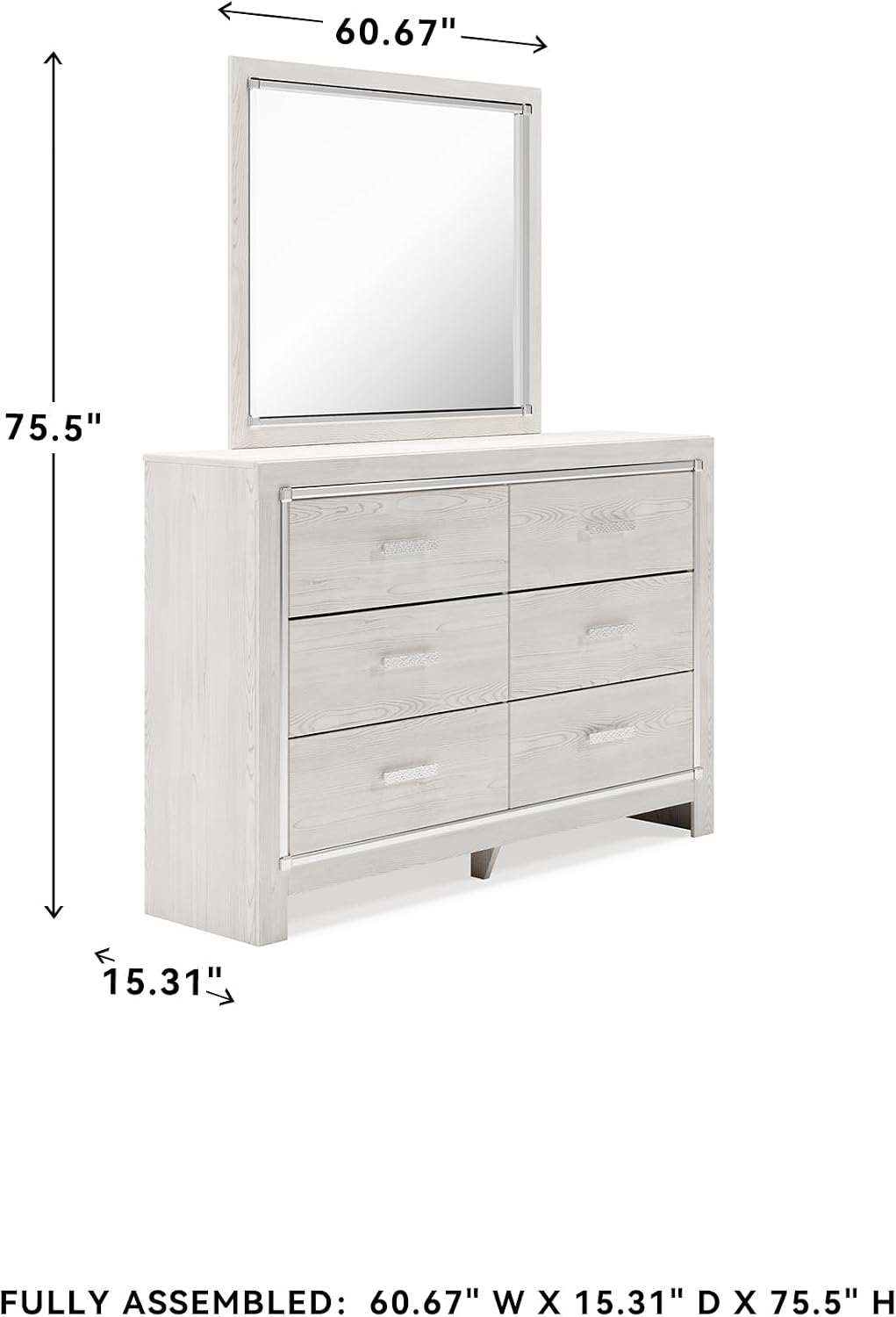 Signature Design by Ashley Altyra Modern Smooth-Gliding 6-Drawer Dresser and Mirror with Safety Stop, White
