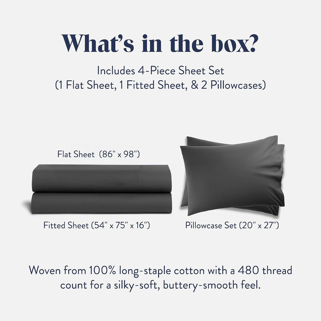Brooklinen Luxury Sateen 4 Piece Sheet Set - 100% Cotton Bed Sheets, Soft & Durable Full Size Sheets Set in Slate Grey, Oeko-TEX Certified Bedding Set, 1 Fitted Sheet, 1 Flat Sheet, 2 Pillowcases