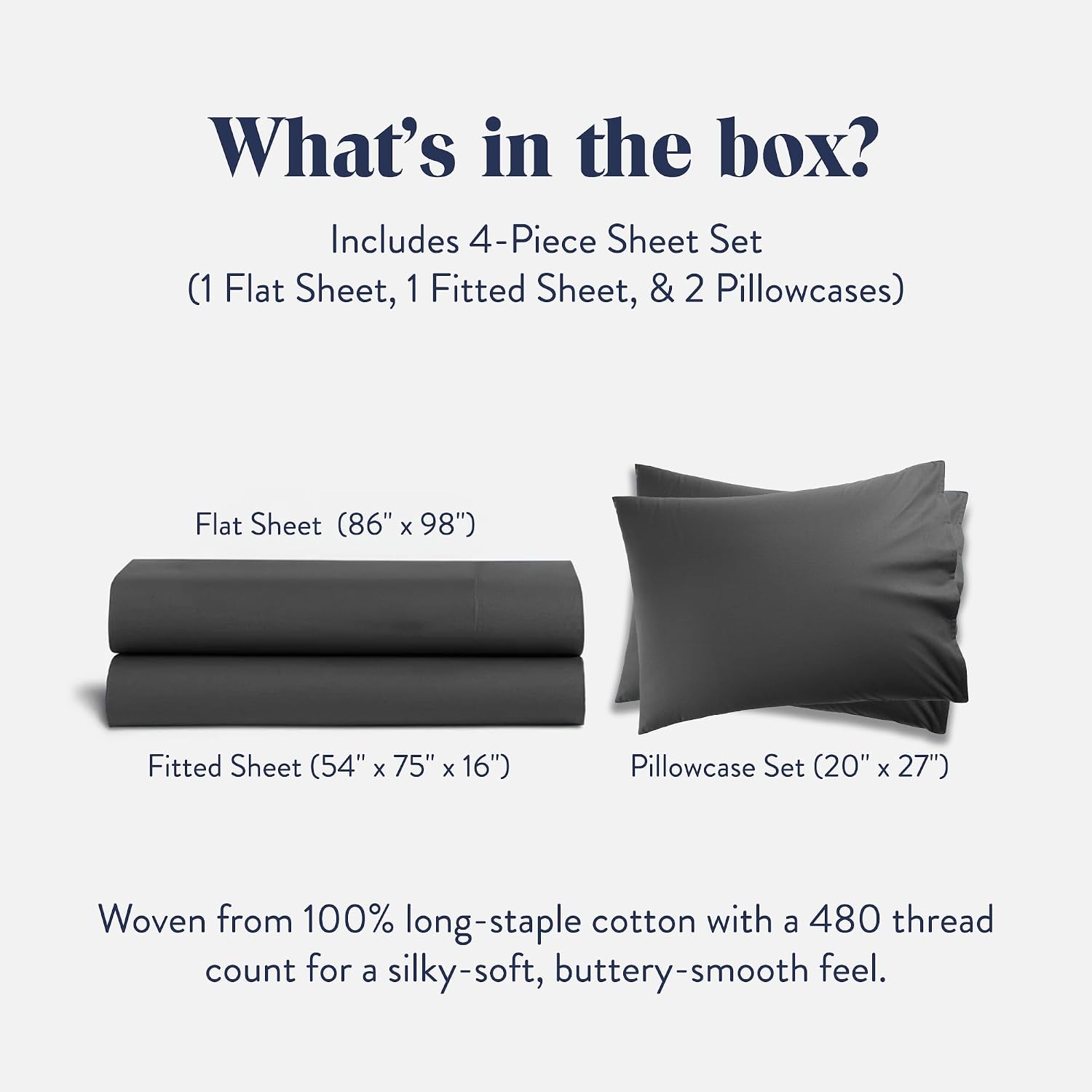 Brooklinen Luxury Sateen 4 Piece Sheet Set - 100% Cotton Bed Sheets, Soft & Durable Full Size Sheets Set in Slate Grey, Oeko-TEX Certified Bedding Set, 1 Fitted Sheet, 1 Flat Sheet, 2 Pillowcases