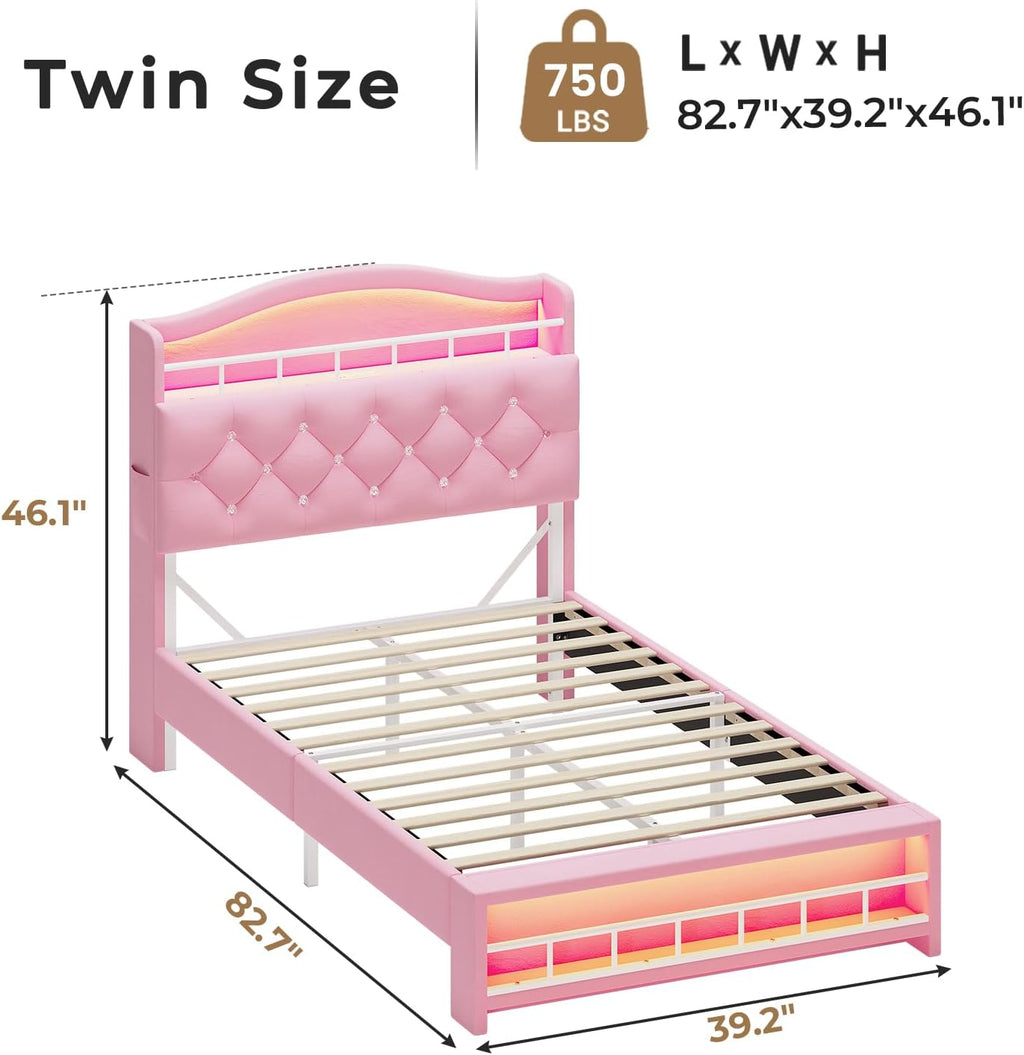 HAUOMS Twin Size Bed Frame with LED Lights, Princess Velvet Upholstered Platform Bed for Girls, Headboard with Charging Station & Guardrail & Crystal Button, No Box Spring Needed, Pink