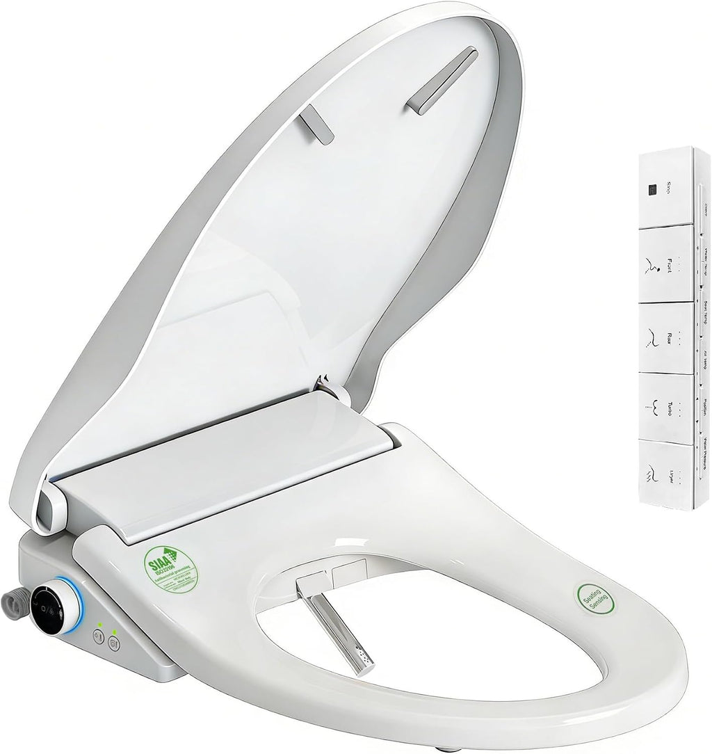 Electric Smart Bidet Toilet Seat with Remote Control, Heated Seat, Instant Warm Water & Air Dryer, Advanced Safety Features, Stainless Steel Nozzle, Slow Close Lid, Silent, Elongated, White