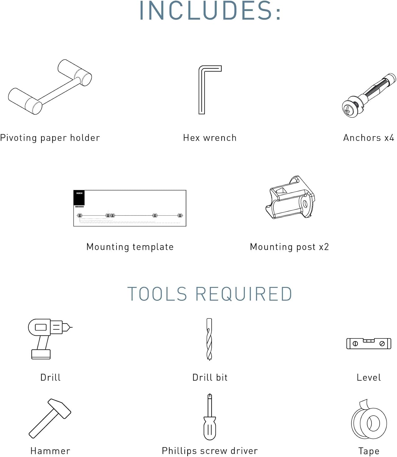 Moen Align Matte Black Accessories Bundle Featuring Modern 24inch Bathroom Towel Bar, Robe Hook, Wall Mounted Double Post Pivoting Toilet Paper Holder, and 9inch Hand-Towel Bar