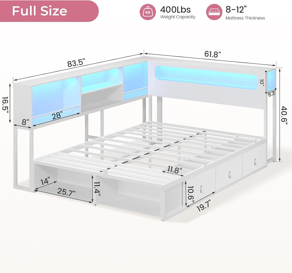 ADORNEVE Corner Bed Frame Full Size with Bookcase Storage & RGB Lights, Charging Station, Metal Daybed with 3 Drawers & 2 Open Cubbies, for Teens, Small Space, White