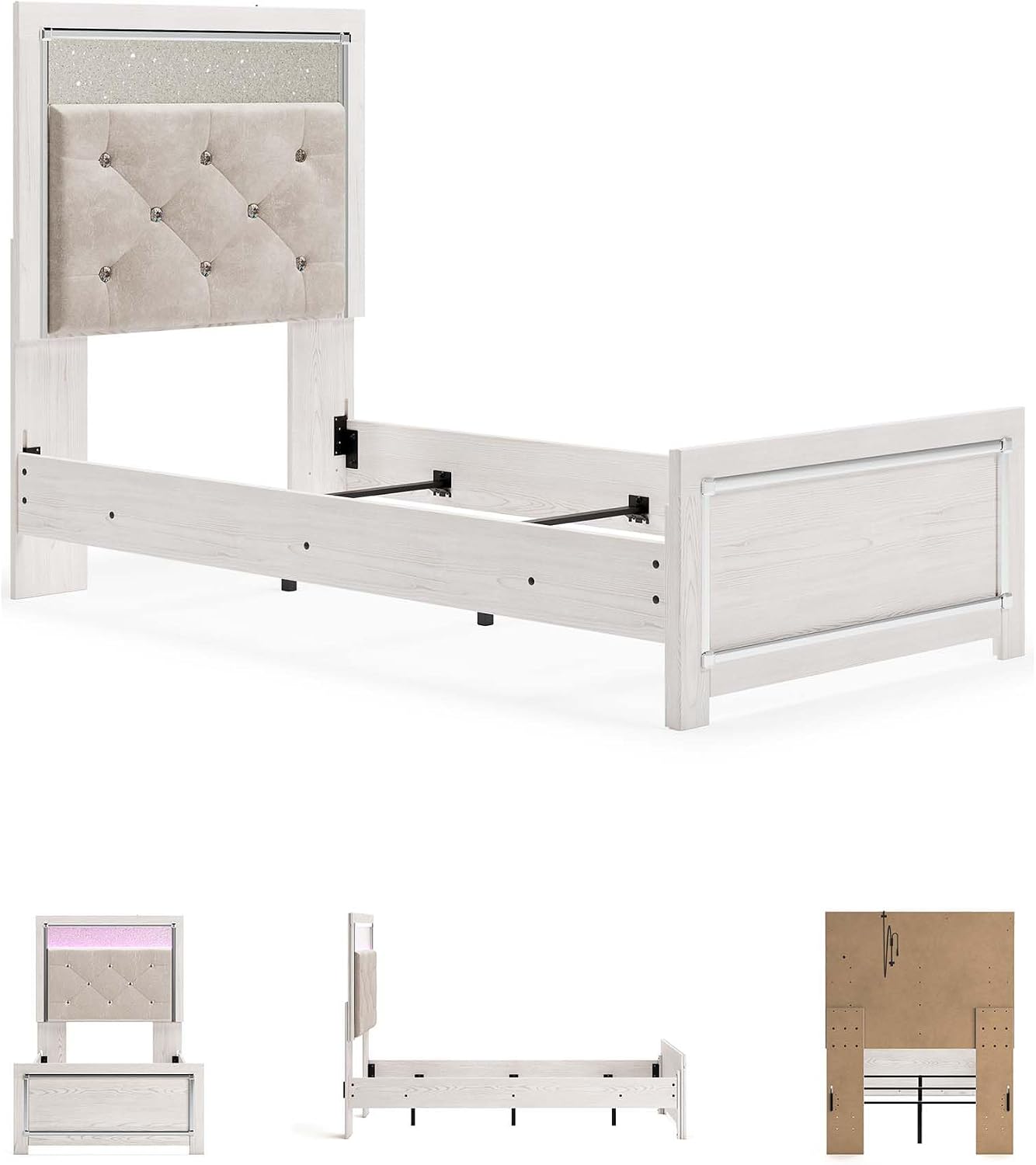 Signature Design by Ashley Altyra Contemporary Adjustable Tufted Twin Upholstered Panel Bed with LED Lights and Metal Slats, Foundation or Box Spring Needed, White & Gray