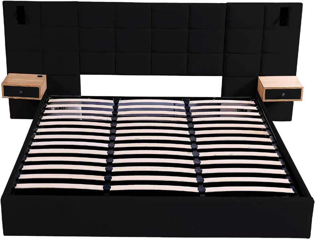 Luxury Velvet King Size Bed Frame with Hydraulic Lift and Storage, Built-in LED Lights, USB Charging Station & 2 Shelves, No Box Spring Needed Platform Bed (Black)