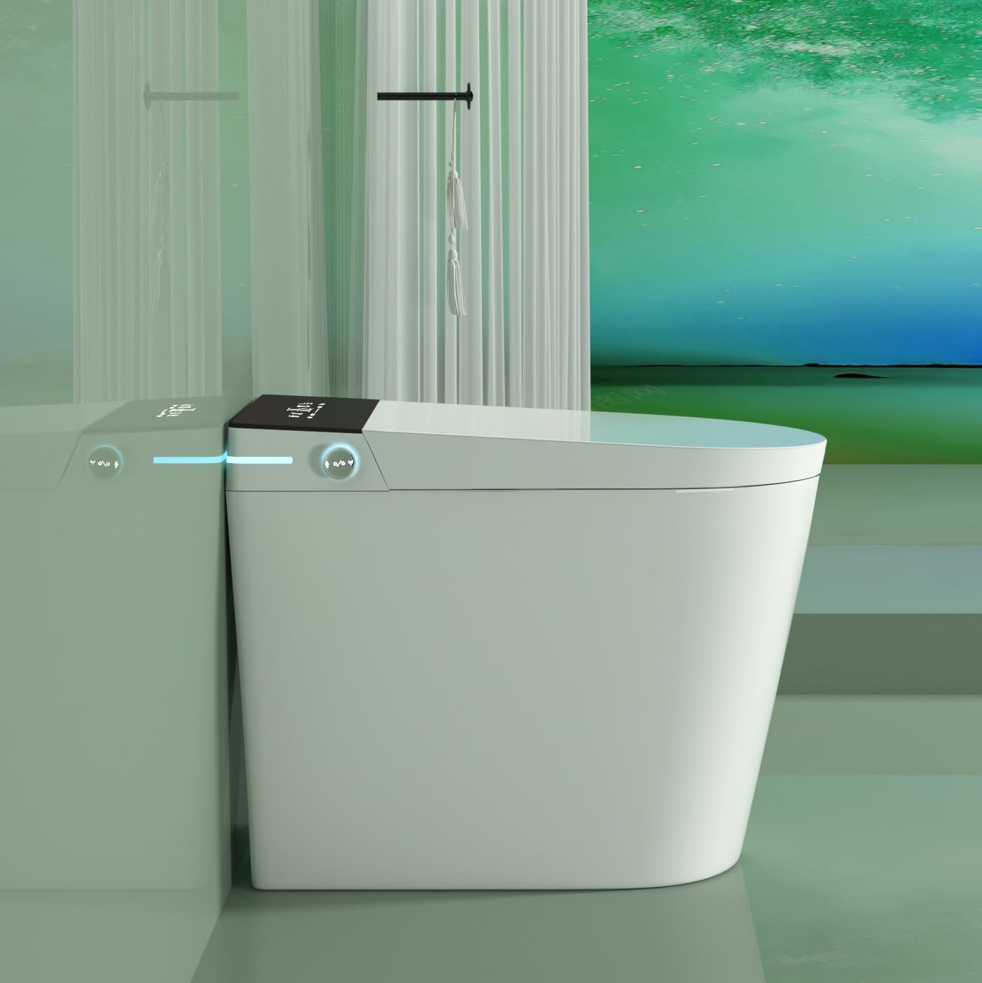 Compact Smart Toilet with Bidet Seat Built-in, Modern Tankless Design with 23.25' Depth, Auto Open Auto Flush, Heated Seat, Instant Warm Air Dryer for Small Bathrooms, White with Black Panel