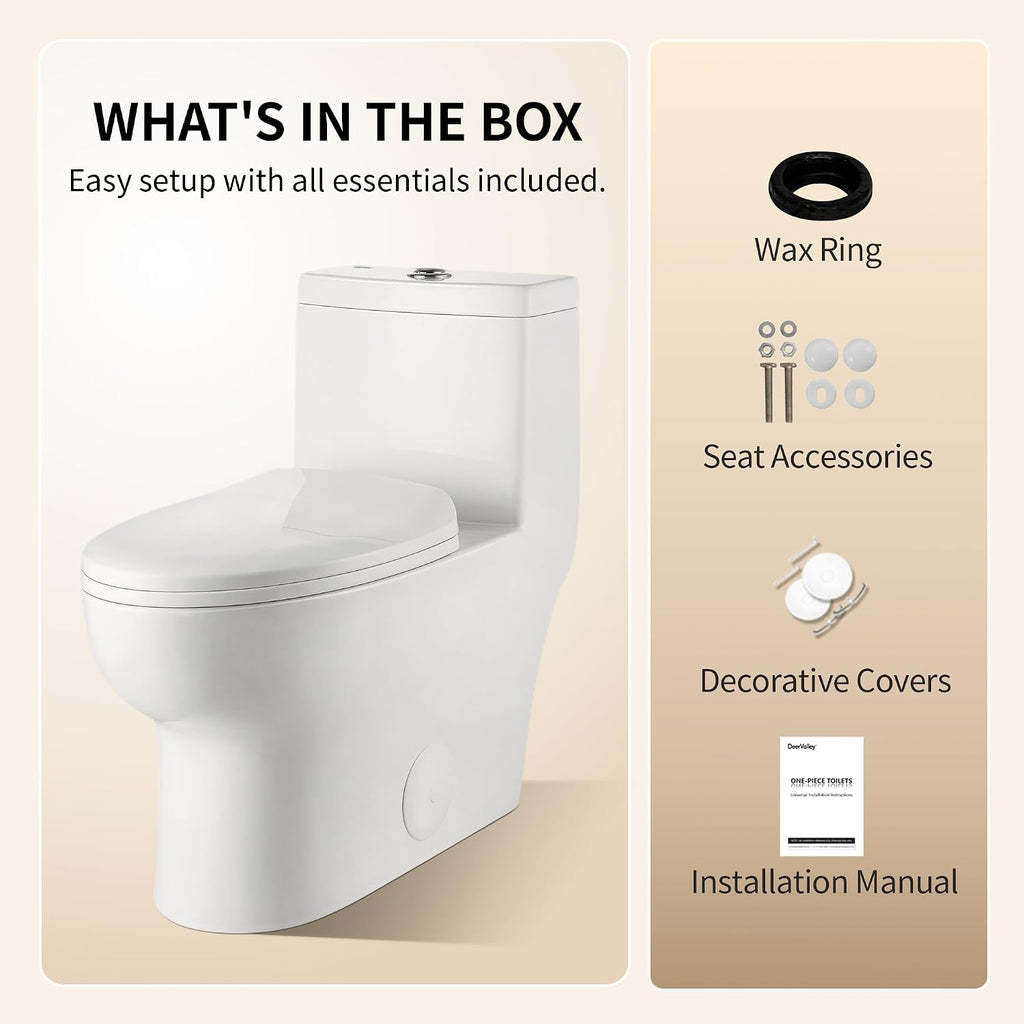 DeerValley One Piece Toilet Elongated Toilet with Soft-Close Seat Powerful 1.1/1.6 GPF Dual Flush Standard Height Toilets Skirted Design 12' Rough-In DV-1F026