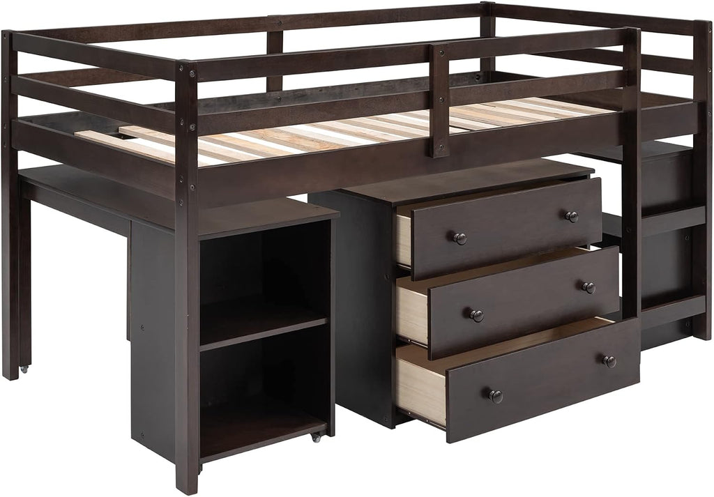 Harper & Bright Designs Wood Twin Size Loft Bed with Desk and Storage Cabinet, Low Loft Bed with Storage Drawers for Kids Teens Girls Boys, No Box Spring Needed, Space Saving, Espresso