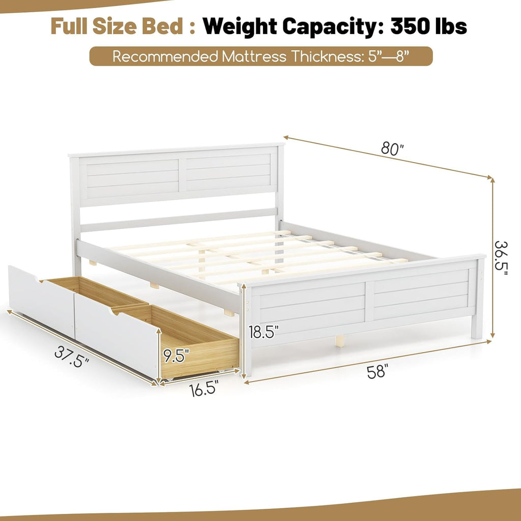GOFLAME Full Size Bed Frame with 2 Drawers, Platform Bed with Solid Wood Headboard & Footboard, Wood Slats Support Mattress Foundation, Under Bed Storage, No Box Spring Needed, Easy Assembly, White