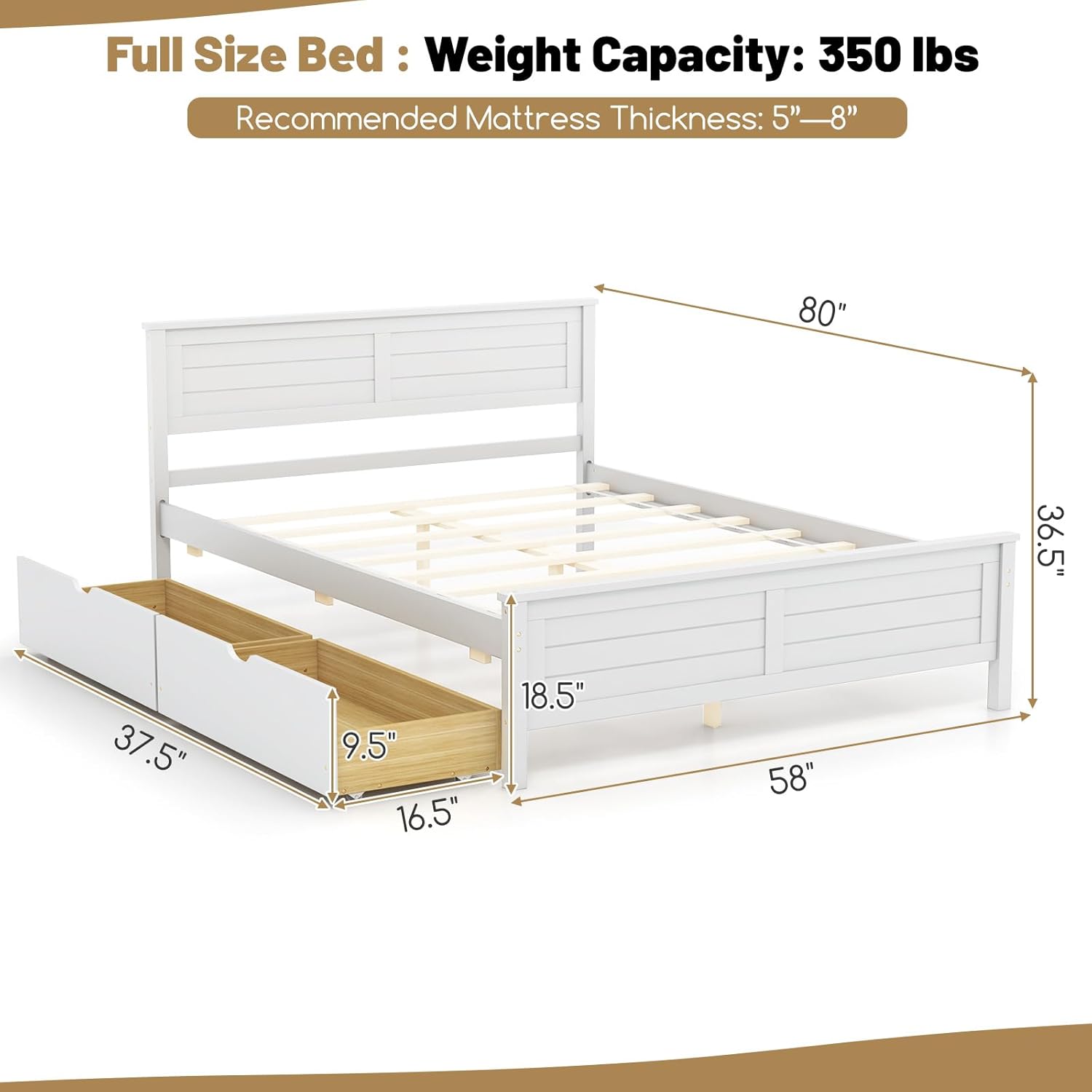 GOFLAME Full Size Bed Frame with 2 Drawers, Platform Bed with Solid Wood Headboard & Footboard, Wood Slats Support Mattress Foundation, Under Bed Storage, No Box Spring Needed, Easy Assembly, White
