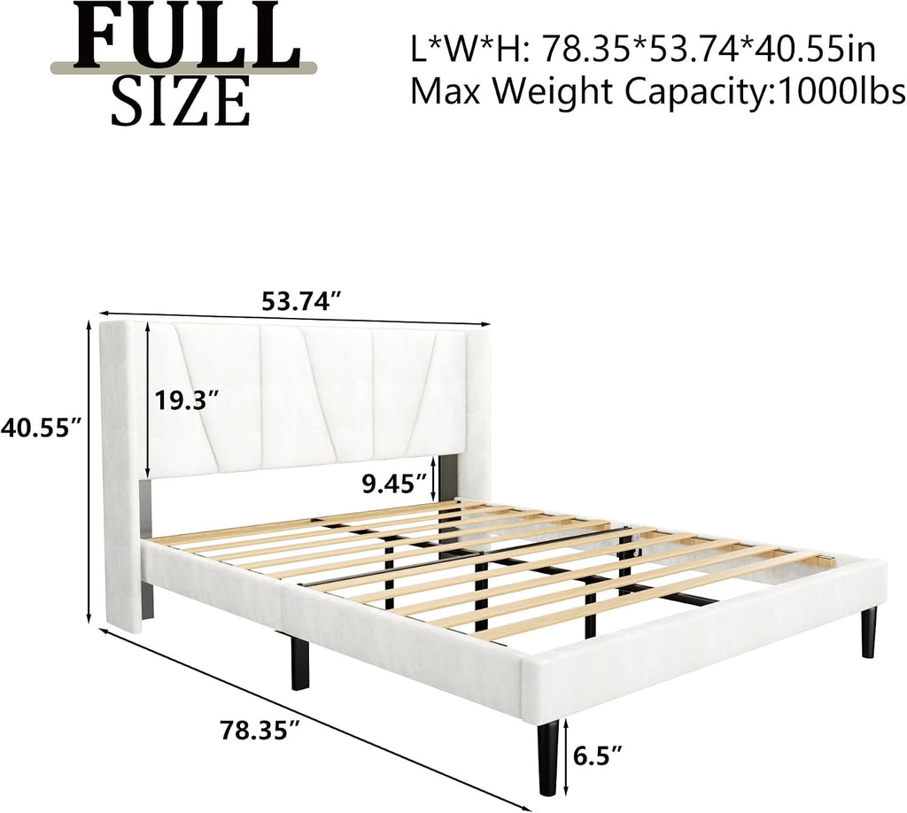 HAOARA Full Bed Frame with Headboard, Velvet Upholstered Platform Bed Frames with Wingboard, Contemporary Mattress Foundation, Noise Free, No Box Spring Needed, Easy Assembly, White