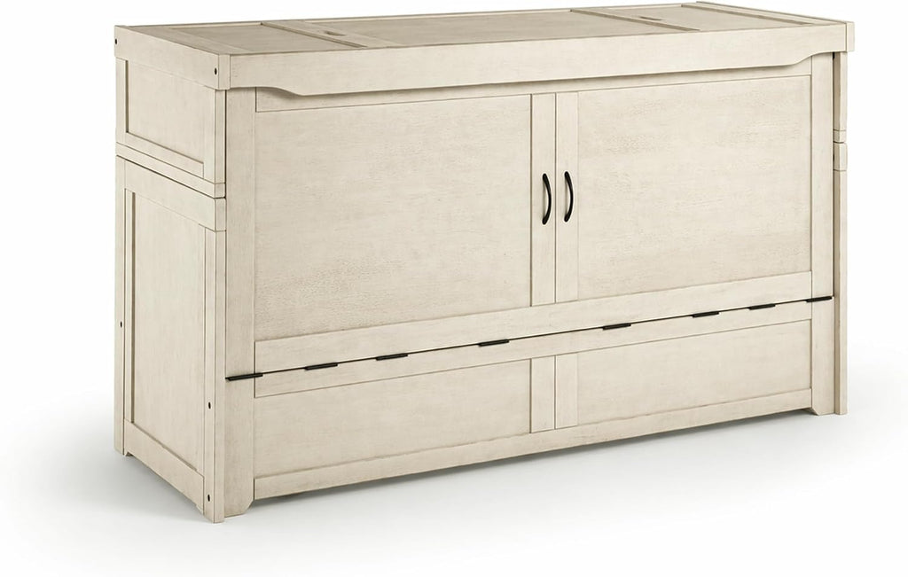 NIGHT & DAY Furniture Murphy Cube Cabinet Bed Queen – Fold-Out Space-Saving Guest Bed with Memory Foam Mattress – Provence Ivory Finish