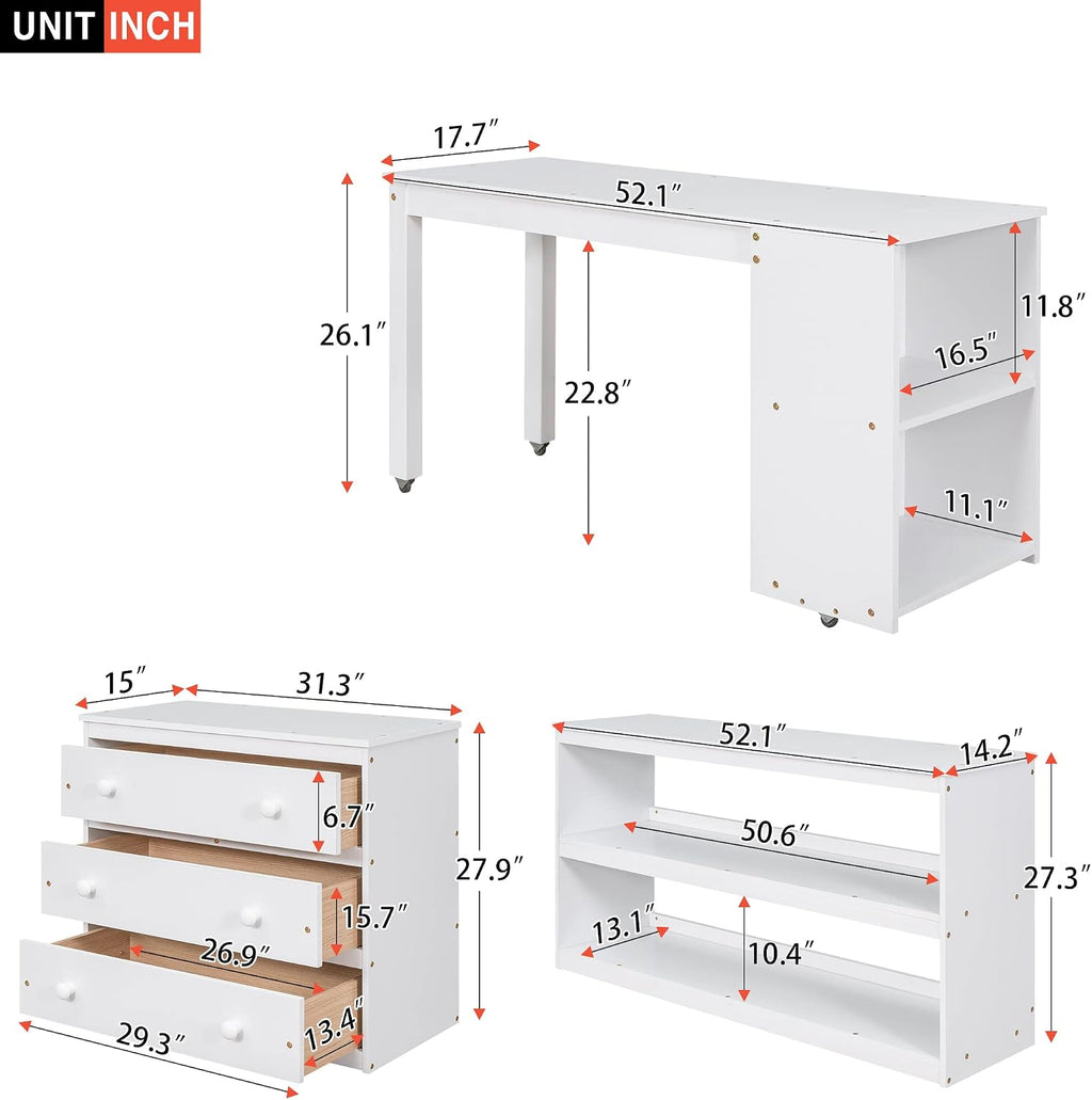 Harper & Bright Designs Full Size Low Loft Bed with Rolling Portable Desk and Storage, Solid Wood Low Loft Bed with Cabinet, Shelves, Multiple Functions Loft Bed Frame for Kids Teens Adults (White)