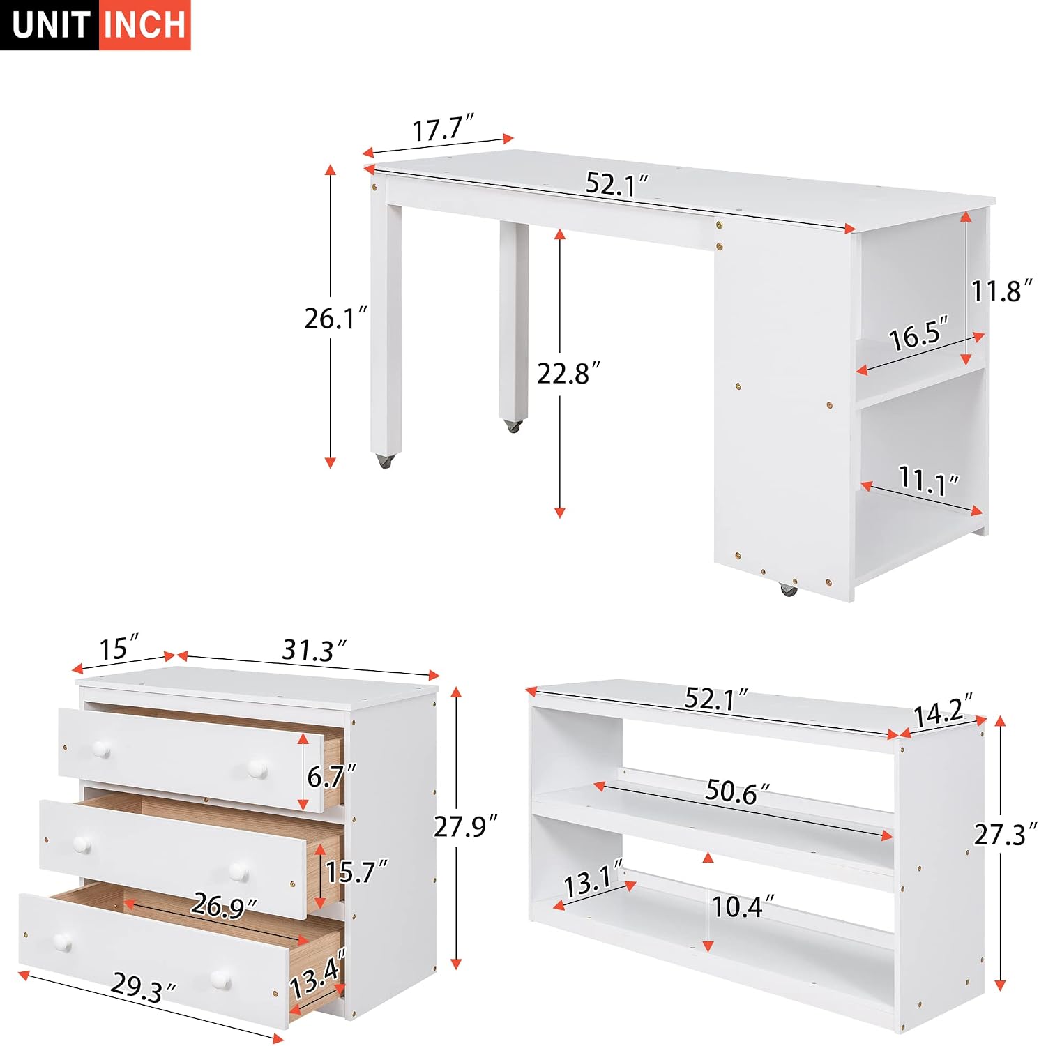 Harper & Bright Designs Full Size Low Loft Bed with Rolling Portable Desk and Storage, Solid Wood Low Loft Bed with Cabinet, Shelves, Multiple Functions Loft Bed Frame for Kids Teens Adults (White)
