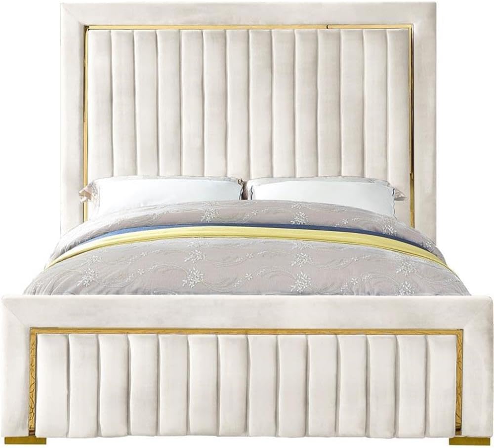 Meridian Furniture Dolce Collection Modern | Contemporary Velvet Upholstered Bed with Luxurious Channel Tufting and Gold Metal Trim/Legs, King, Cream
