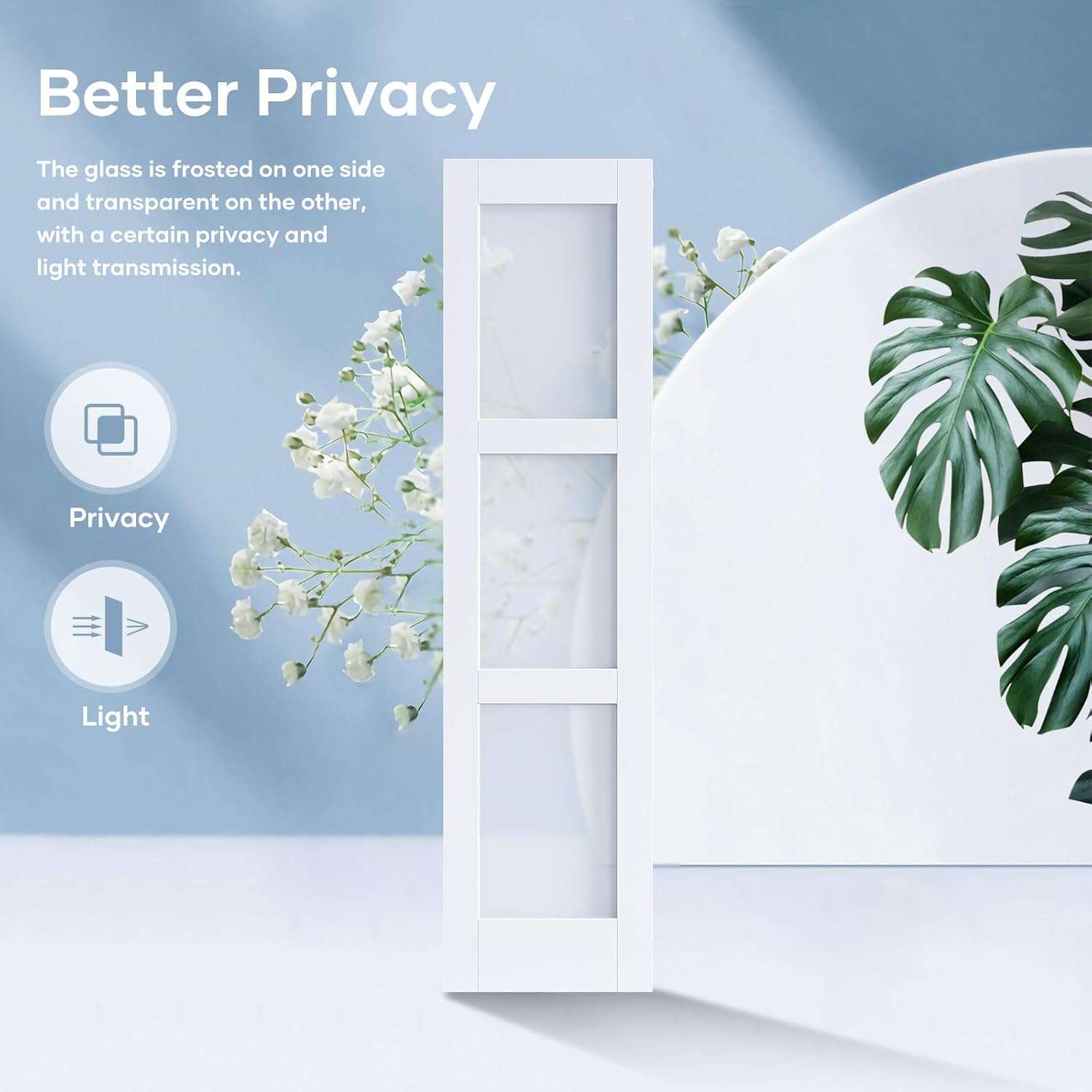Double 21×84 Inch Glass Barn Door Slab and 7ft Hardware Kit Included, 3 Frosted Glass, LVL Wood Panel Covered with White Water-Proof Scratch-Proof PVC Surface, Simple DIY Assembly