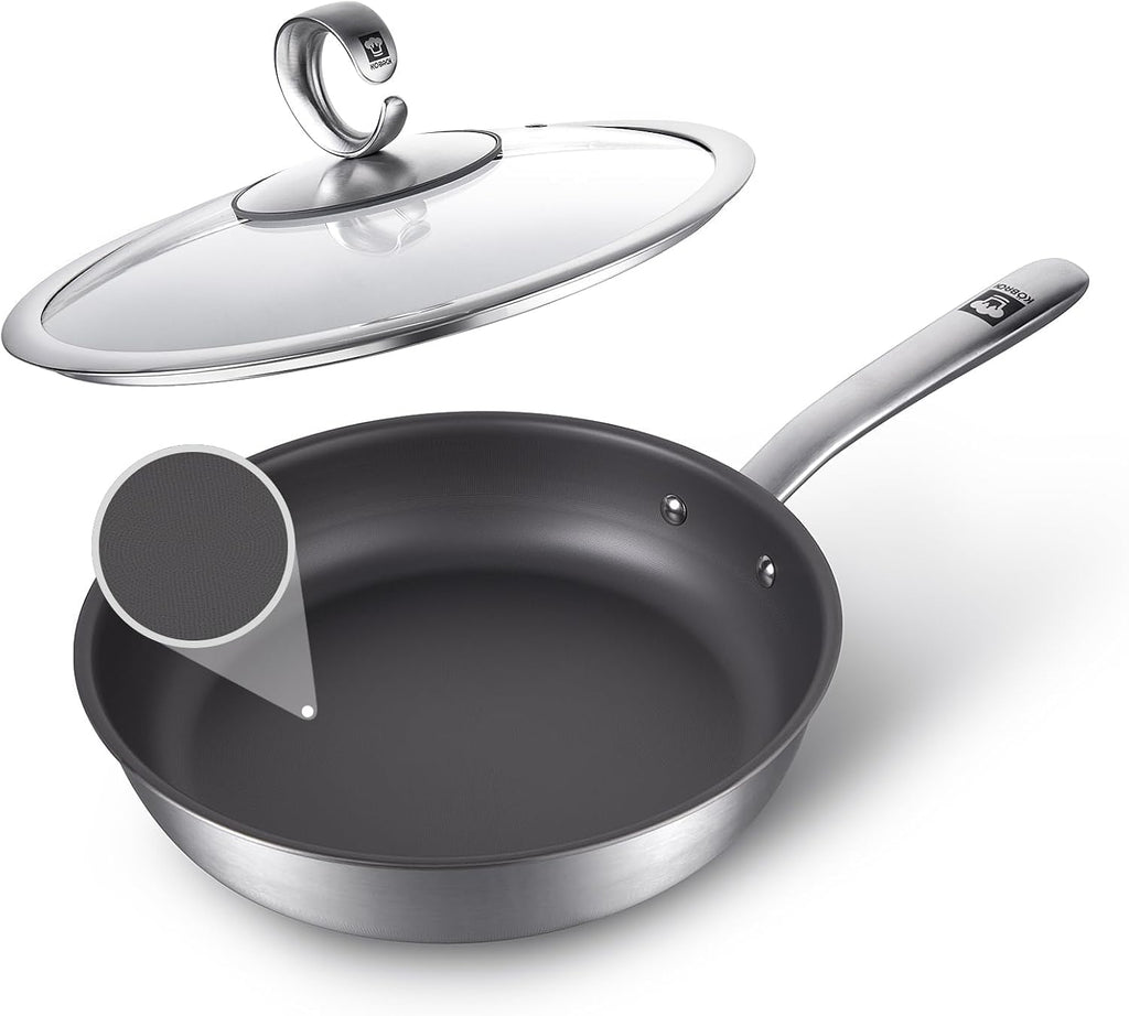 KOBACH 11-Inch Titanium Uncoated Pan, Nonstick Frying Pan with Lid – Stainless Steel Base Skillet, Dishwasher & Oven Safe, Induction Compatible, Non-Toxic & Easy to Clean Titanium Cookware