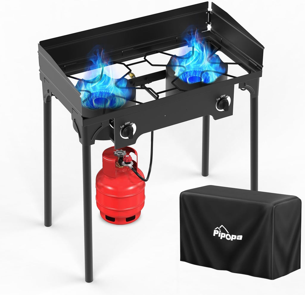 2 Burner Propane Camp Stove | High Pressure 150,000 BTU Gas Burners with Windscreen | Cover | Detachable Legs | 0-20 PSI Regulator | Ideal for Camping Backyard Outdoor Cooking