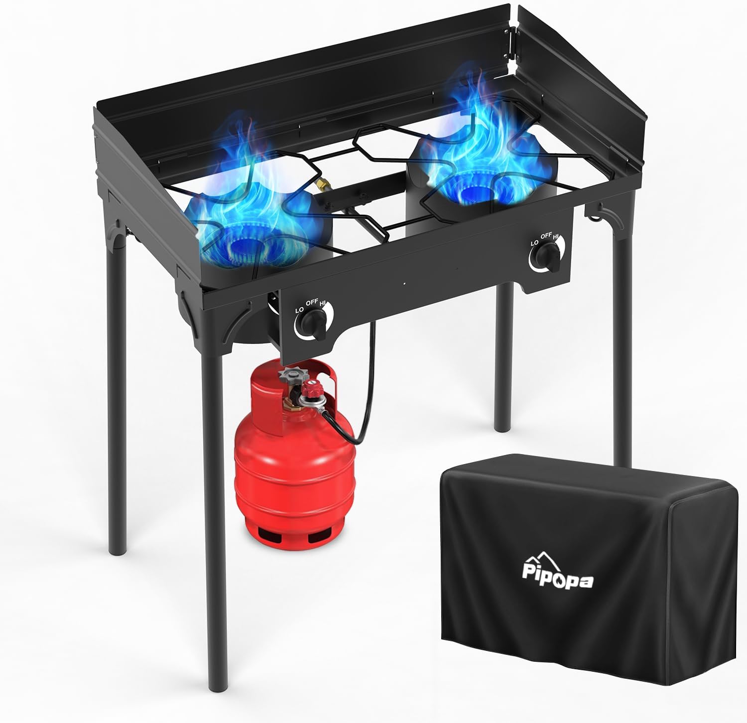 2 Burner Propane Camp Stove | High Pressure 150,000 BTU Gas Burners with Windscreen | Cover | Detachable Legs | 0-20 PSI Regulator | Ideal for Camping Backyard Outdoor Cooking