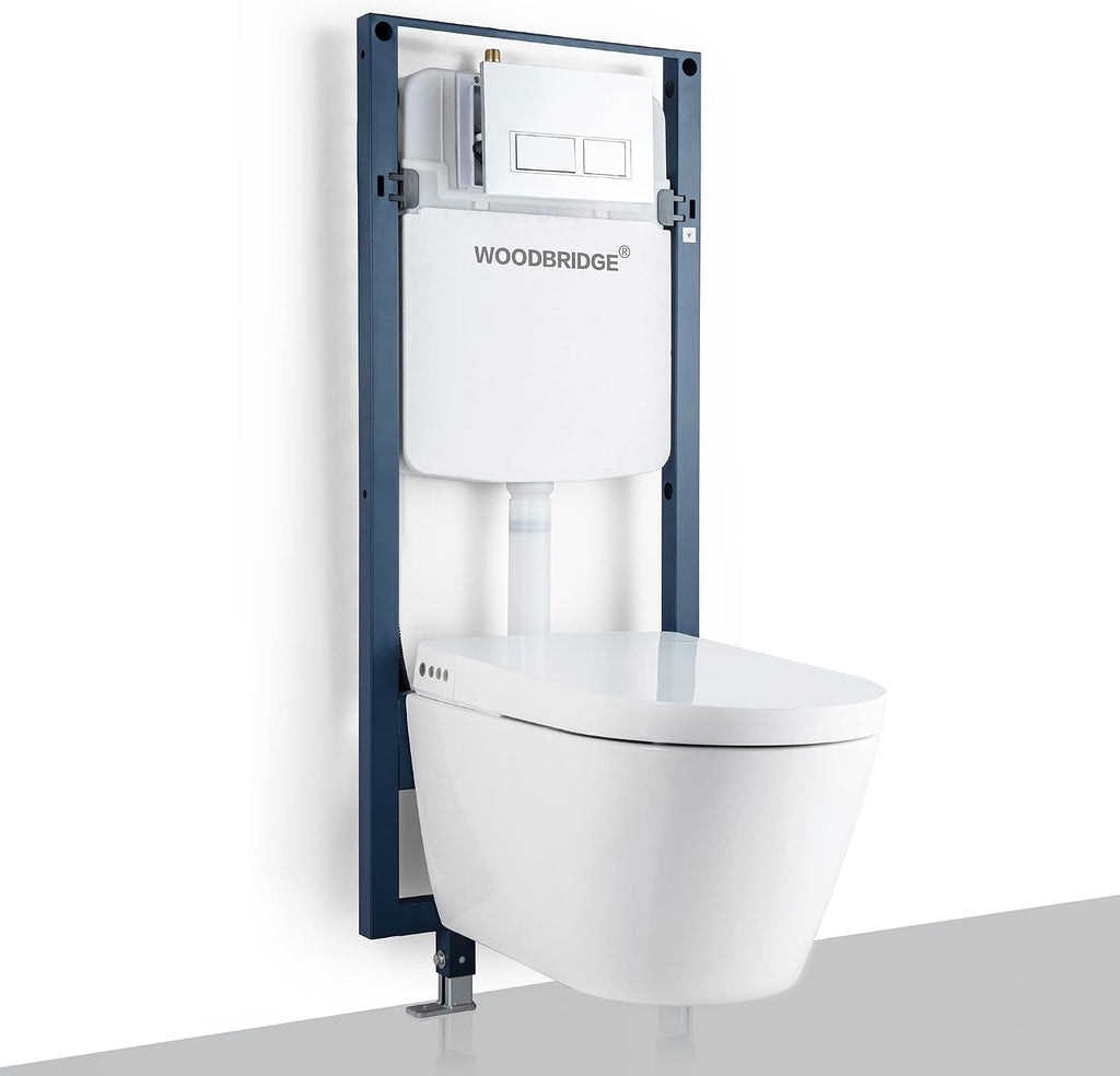 WOODBRIDGE Intelligent Compact Elongated Dual-flush wall hung toilet with Bidet Wash Function, Heated Seat & Dryer. Matching Concealed Tank system and White Marble Stone Slim Flush Plates Included