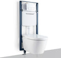 WOODBRIDGE Intelligent Compact Elongated Dual-flush wall hung toilet with Bidet Wash Function, Heated Seat & Dryer. Matching Concealed Tank system and White Marble Stone Slim Flush Plates Included