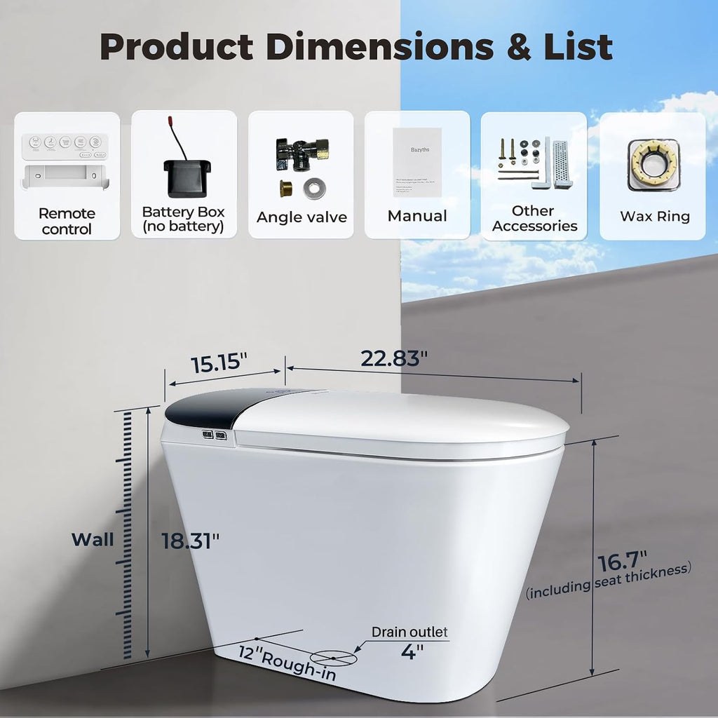 Smart Compact Toilet for Small Bathroom, 23' Depth Shallow Toilet with Foam Shield Auto Open/Close Lid, 12' Rough In, Built-in Tank, Heated Seat Foot Sensor Flush One-Piece (ZY695A Mini)
