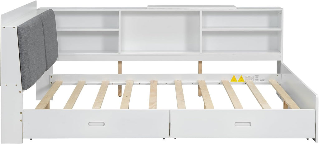 Harper & Bright Designs Full Size Daybed with 2 Storage Drawers and Bookcase,Wood L Shaped Full Platform Bed Frame with Shelves, Full Sofa Bed Frame with Slats Support, No Box Spring Needed, White