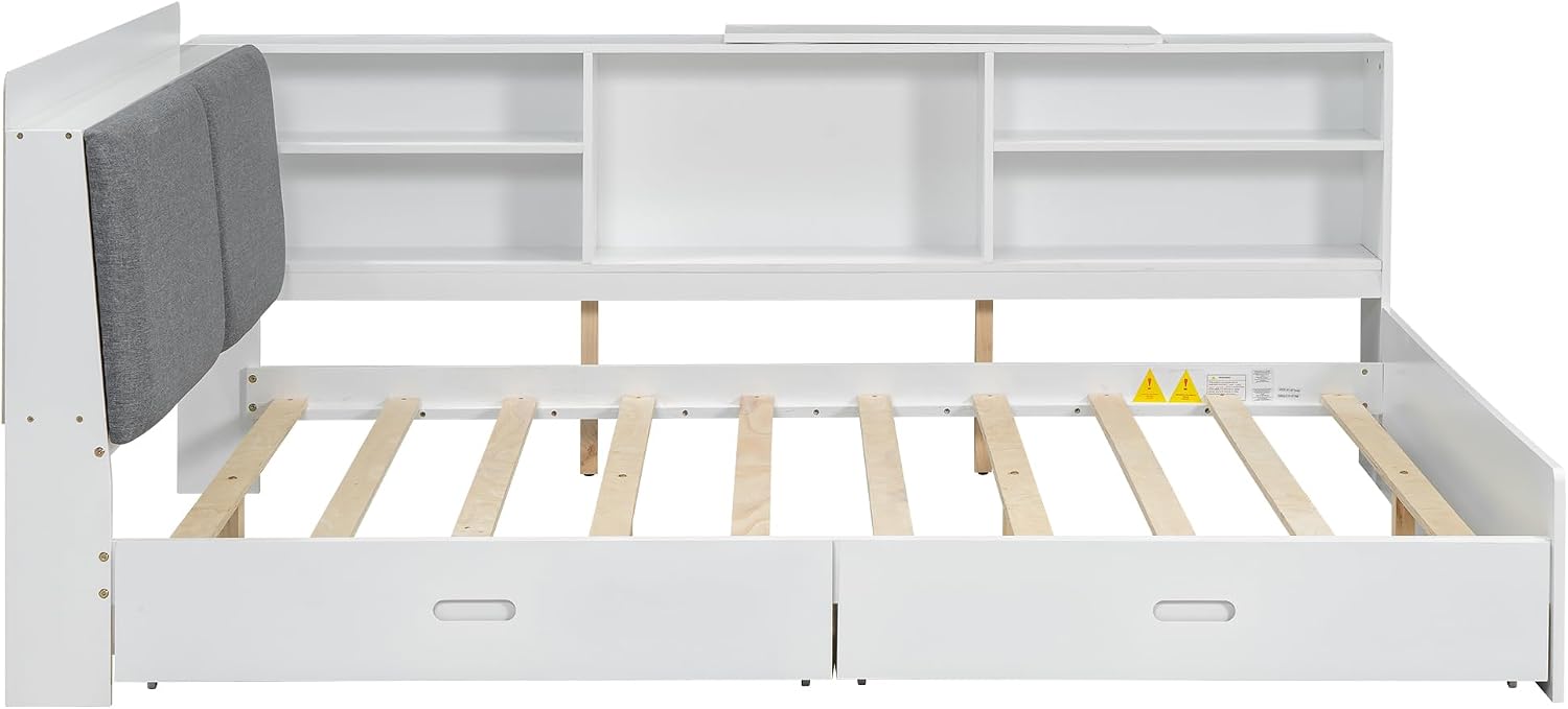 Harper & Bright Designs Full Size Daybed with 2 Storage Drawers and Bookcase,Wood L Shaped Full Platform Bed Frame with Shelves, Full Sofa Bed Frame with Slats Support, No Box Spring Needed, White