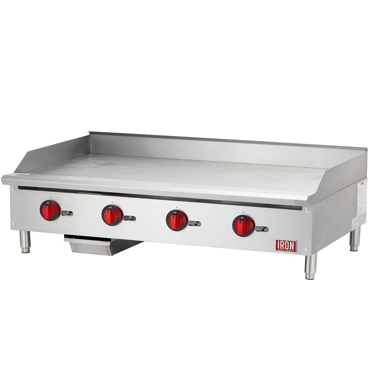 Iron Range IRMG-48 48' x 21' Countertop Commercial Gas Griddle, 120,000 BTU, 4 Burners, Stainless Steel, Manual Controls, ETL Listed, U-Style Burners, LPG Conversion Kit Included