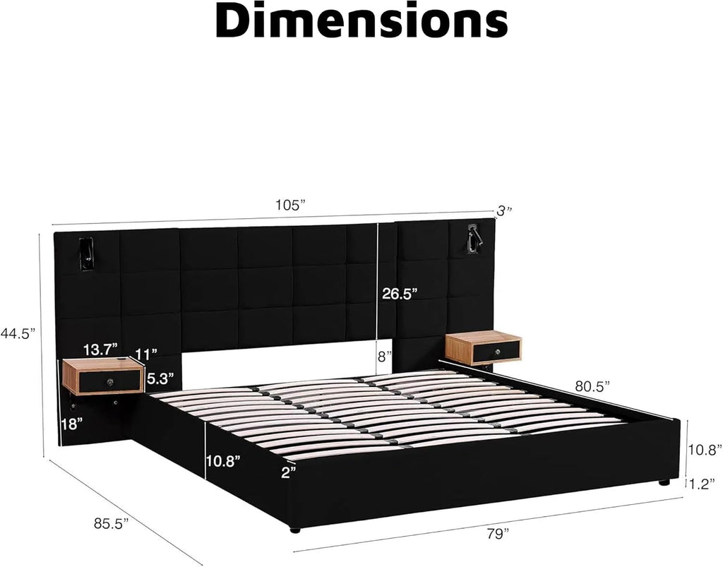 Luxury Velvet King Size Bed Frame with Hydraulic Lift and Storage, Built-in LED Lights, USB Charging Station & 2 Shelves, No Box Spring Needed Platform Bed (Black)