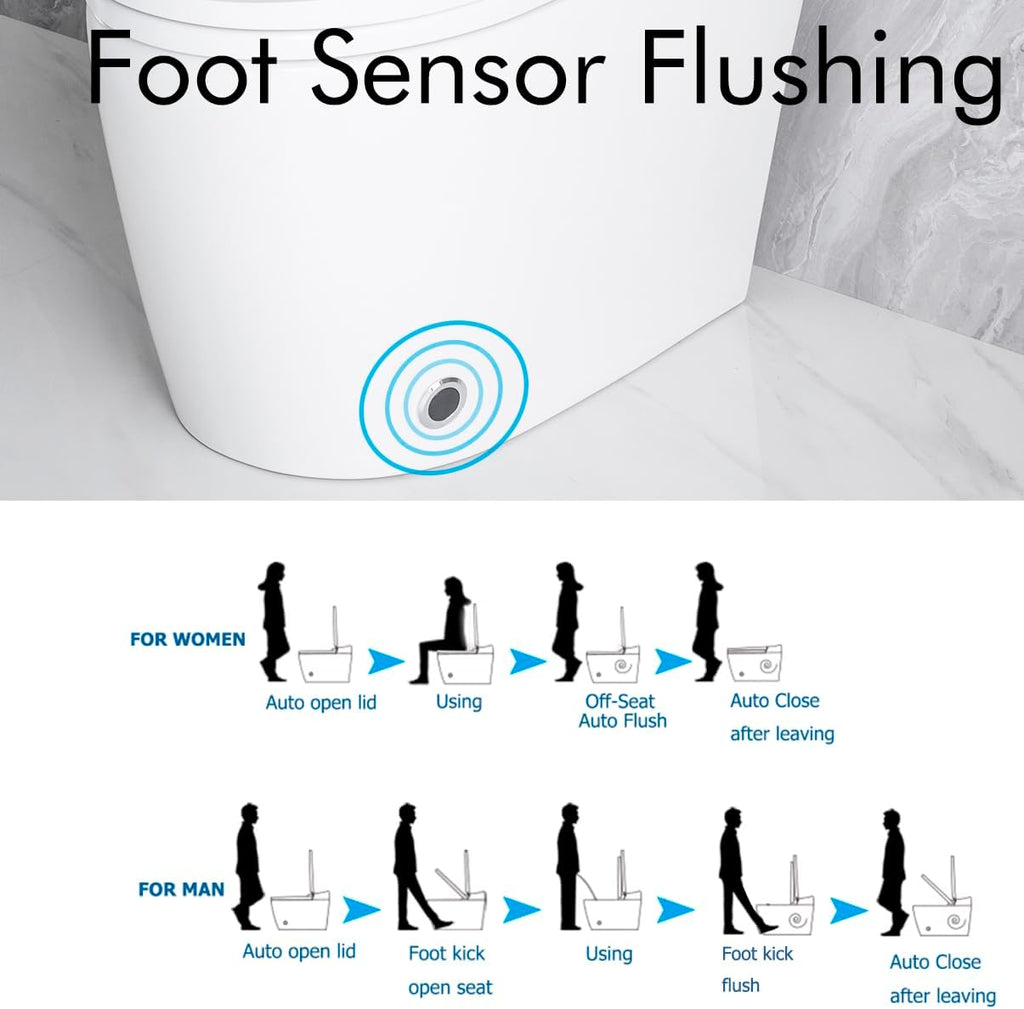 Elongated Smart Toilet with Elongated Heated Bidet Seat, Intelligent Toilet with Bidet Built in, Feet Sensor,Auto Open,Close Seat, Off Seating AUTO Flush, Night Light, Warm Water Dryer,White