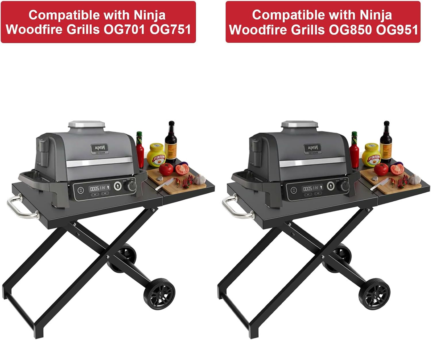 Grill Stand for Ninja Woodfire Outdoor OG700 OG800 Series, Portable Folding Grill Table Cart for Ninja Woodfire OG701 OG850 OG951 and OO101 Pizza Oven with Ninja Side Table