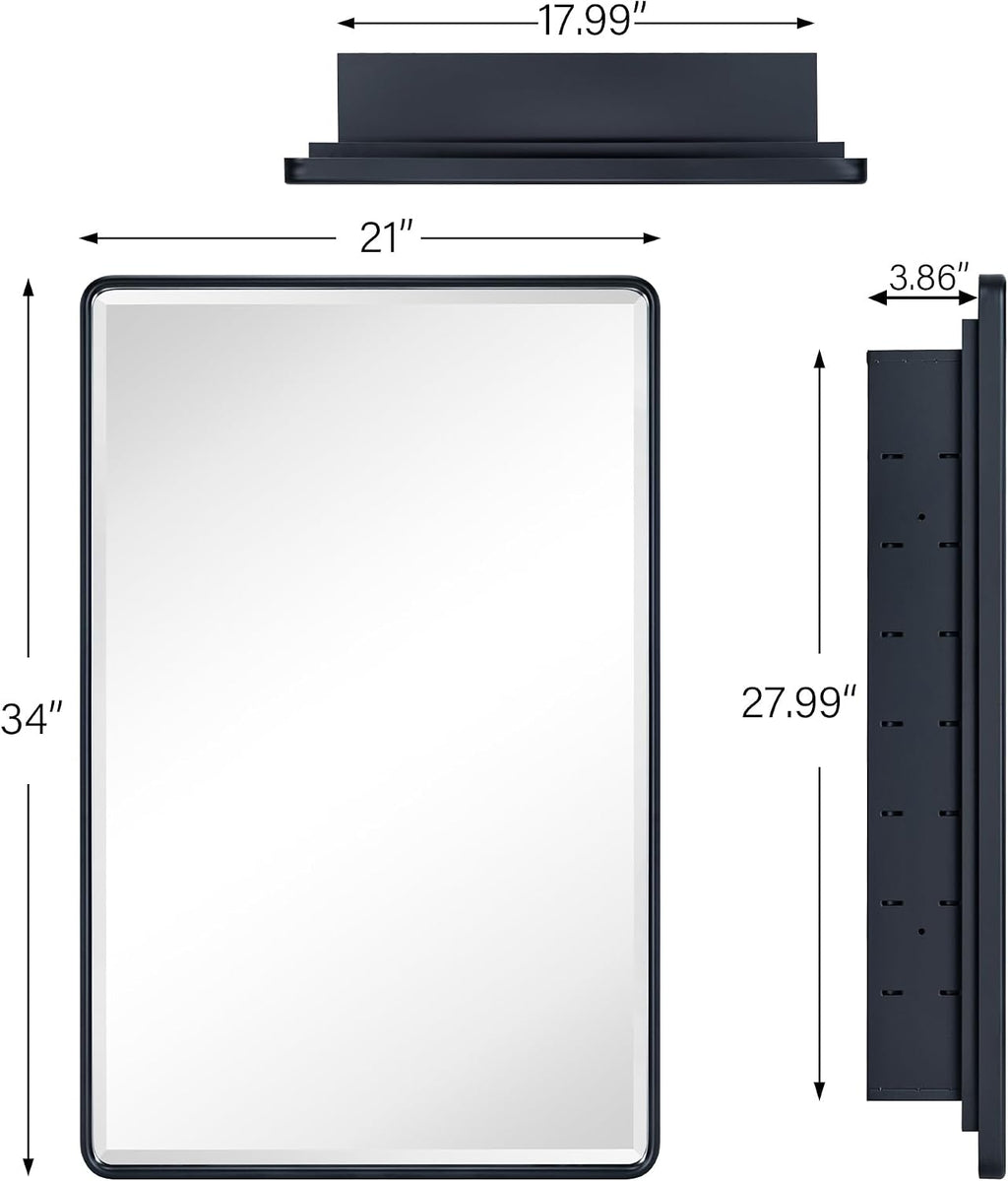TEHOME Farmhouse Matt Black Recessed Bathroom Medicine Cabinet with Mirror Rounded Rectangle Metal Framed Medicine Cabinet with Beveled Mirror 21x34''