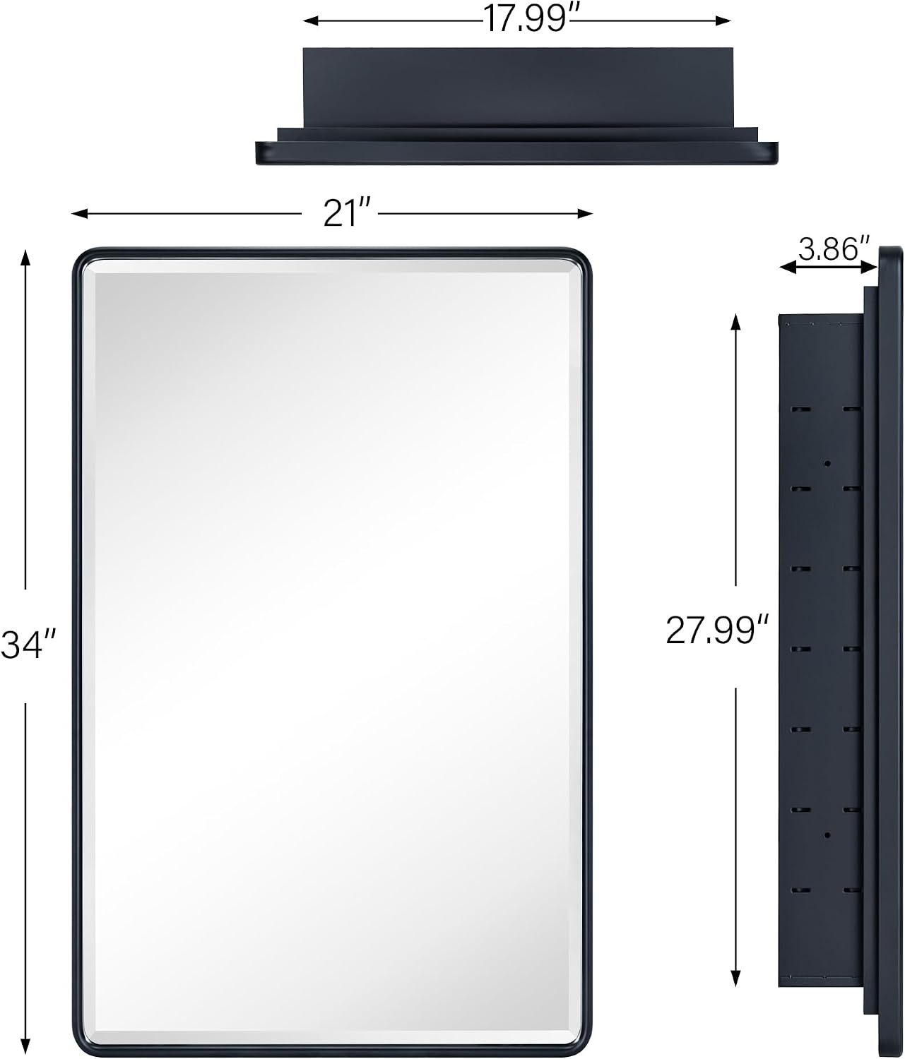 TEHOME Farmhouse Matt Black Recessed Bathroom Medicine Cabinet with Mirror Rounded Rectangle Metal Framed Medicine Cabinet with Beveled Mirror 21x34''