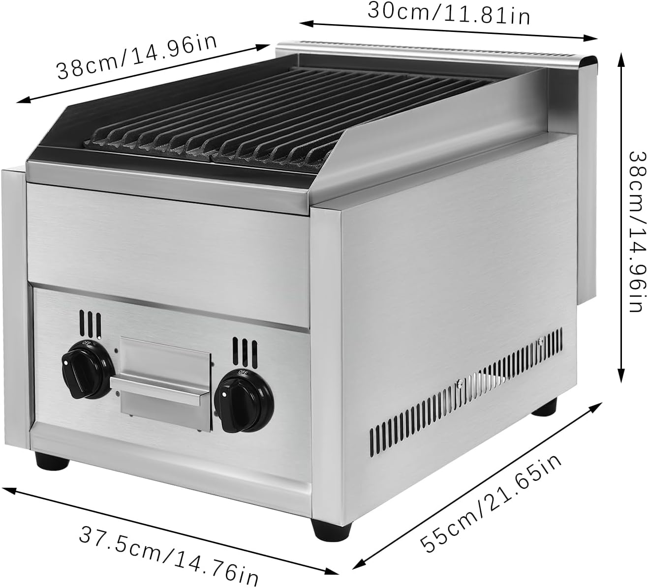 Commercial Gas Grill, Professional Gas Broiler Grill with Dual I Type Burners Cast Iron Grill Independent Knob and Switches Removable Grill Pans Stainless Steel Gas Grill for Western Restaurants Etc