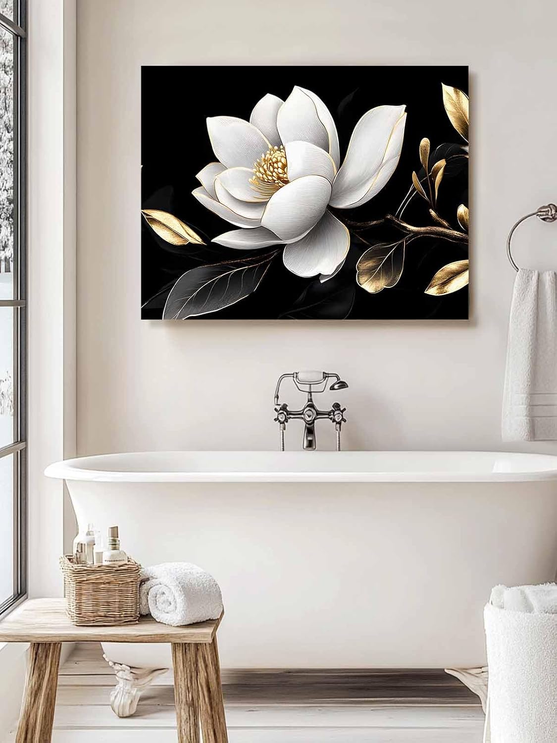 White Flowers Wall Art,Black Gold Farmhouse Floral Framed Canvas Picture Wall Decor for Living Room Bathroom Bedroom,Vintage Leaves Painting Artwork for Office Kitchen Hallway Home Decorations 20'x24'
