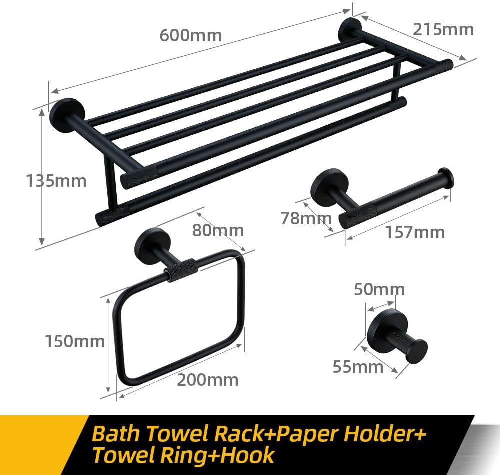 Modern Matte Black Bathroom Accessories Set with Towel Bar Bath Robe Hook and Brass Knurled Shelf Stylish Hardware Kit for Towels Paper and Tissues 3 Piece Set