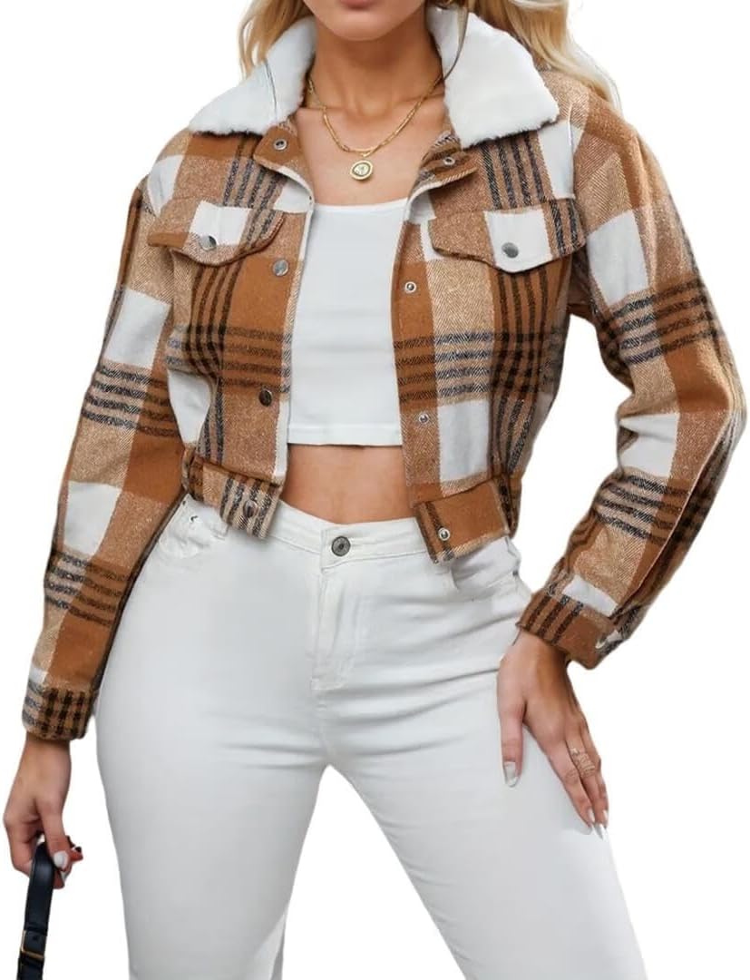 FMCHICO Womens Cropped Plaid Shacket Button Down Short Flannel Shirt Jacket