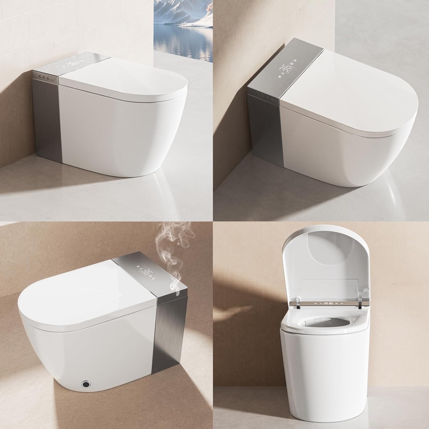 BONSAM Smart Toilet with Auto Open/Close Lid, Modern Toilet with Bidet Built In, Foam Shield, Auto Flush, Warm Water&Dryer, Self-Cleaning Heated Seat Toilet with Remote Control for Seniors & Families.