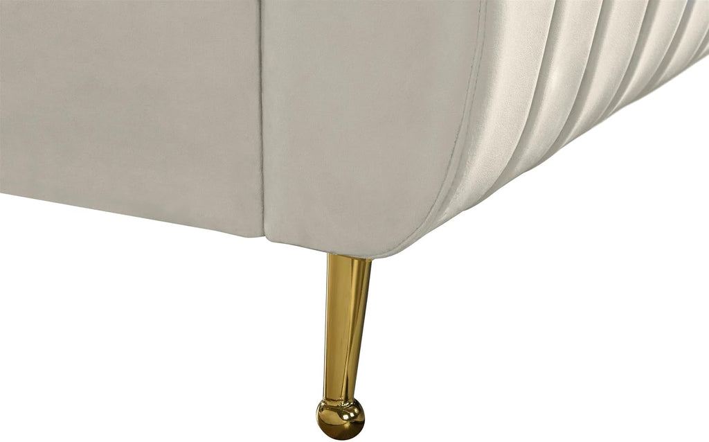 Meridian Furniture Zara Collection Modern | Contemporary Velvet Upholstered Bed with Deep Channel Tufting and Custom Gold Legs, Queen, Cream