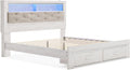 Signature Design by Ashley Altyra Contemporary Tufted King Upholstered Bookcase Platform Bed with LED Lights and 2 Drawers, Foundation or Box Spring Not Needed, White & Gray